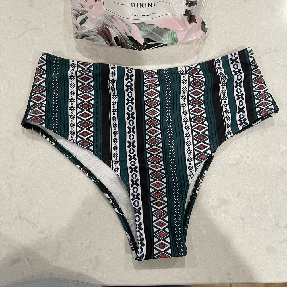 New Shein Women's Aztec Stripe Bikini Swimsuit Bottoms High Waist Boho Sz Small - Picture 2 of 4